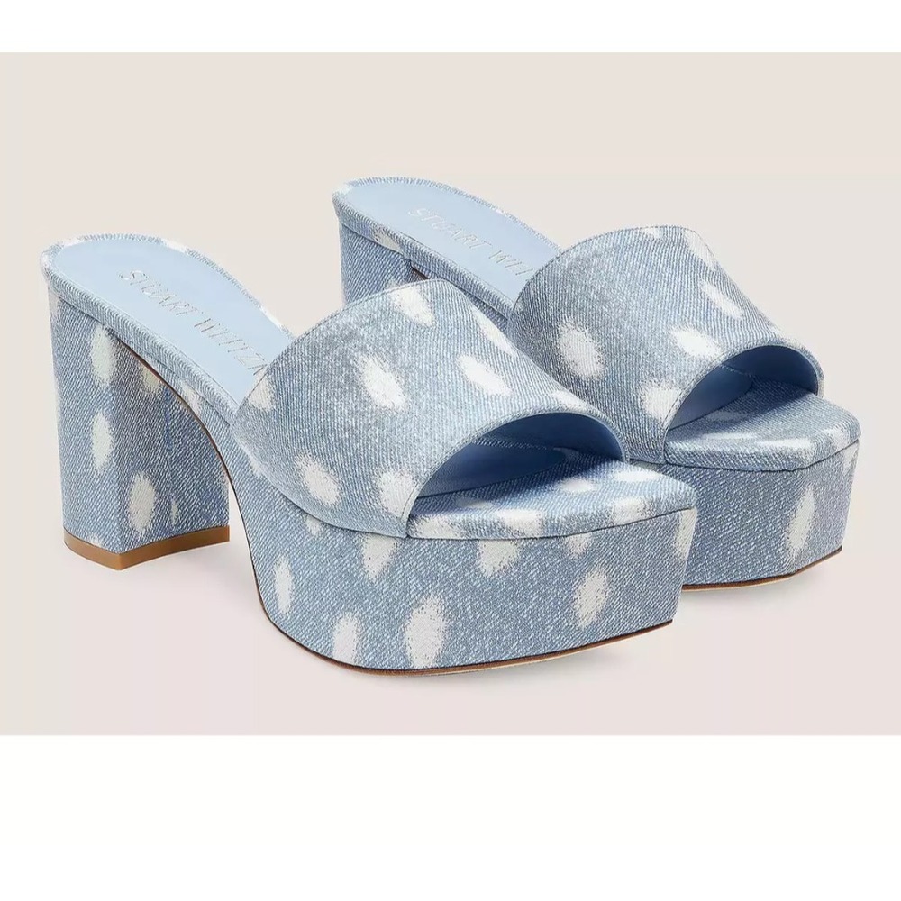 NWB Stuart Weitzman Squarehigh Platform 95 Slide Ocelot Denim Sandals 8.5 39 - Picture 15 of 15